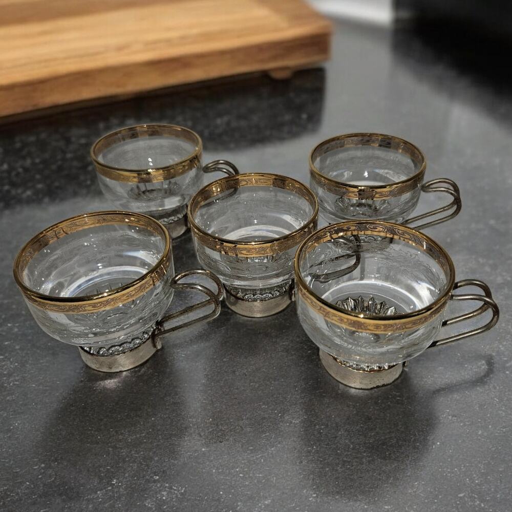 Vintage Gold Rim Etched Glass Cups Silver Holders Set of 5
